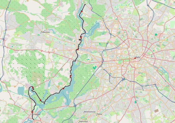 Gefahrene Route von Heiligensee nach Potsdam - 53km